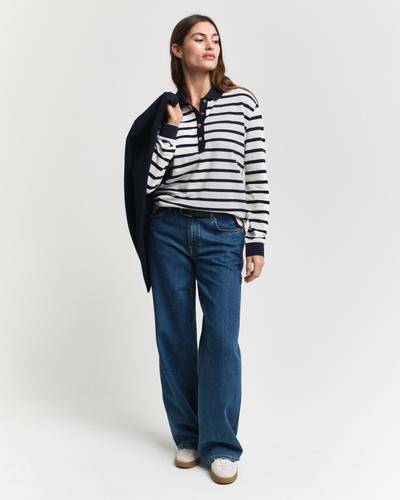 Breton Striped Piqué Langarm-Poloshirt XS - Cream