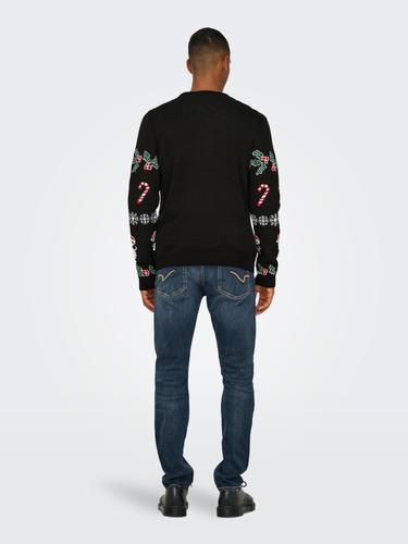 ONSXMAS REG 5 ALLOVER CREW KNIT S Normal geschnitten - Black