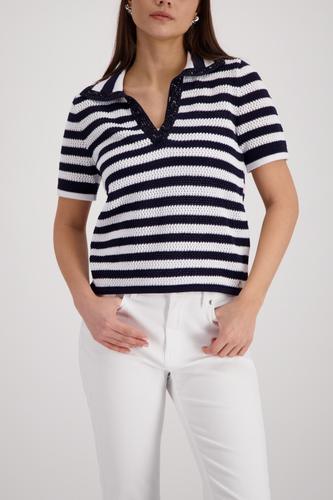 Ajour-Polo-Pullover mit Strasssteinen 42 - Marine Ringel