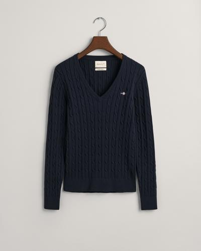 Zopfstrick V-Neck Pullover aus Stretch-Baumwolle M - Evening Blue