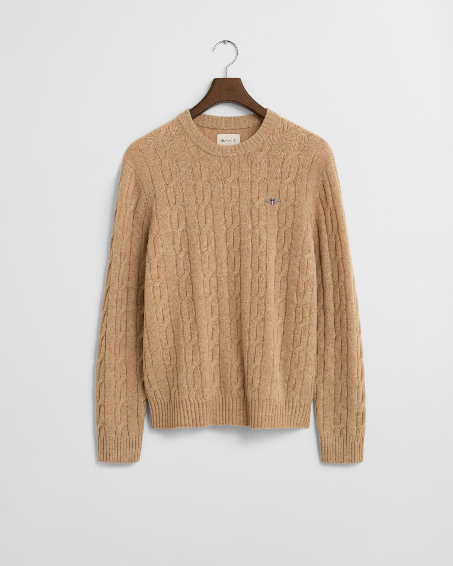 Lambswool Zopfstrick Rundhalspullover XXL - Khaki Melange