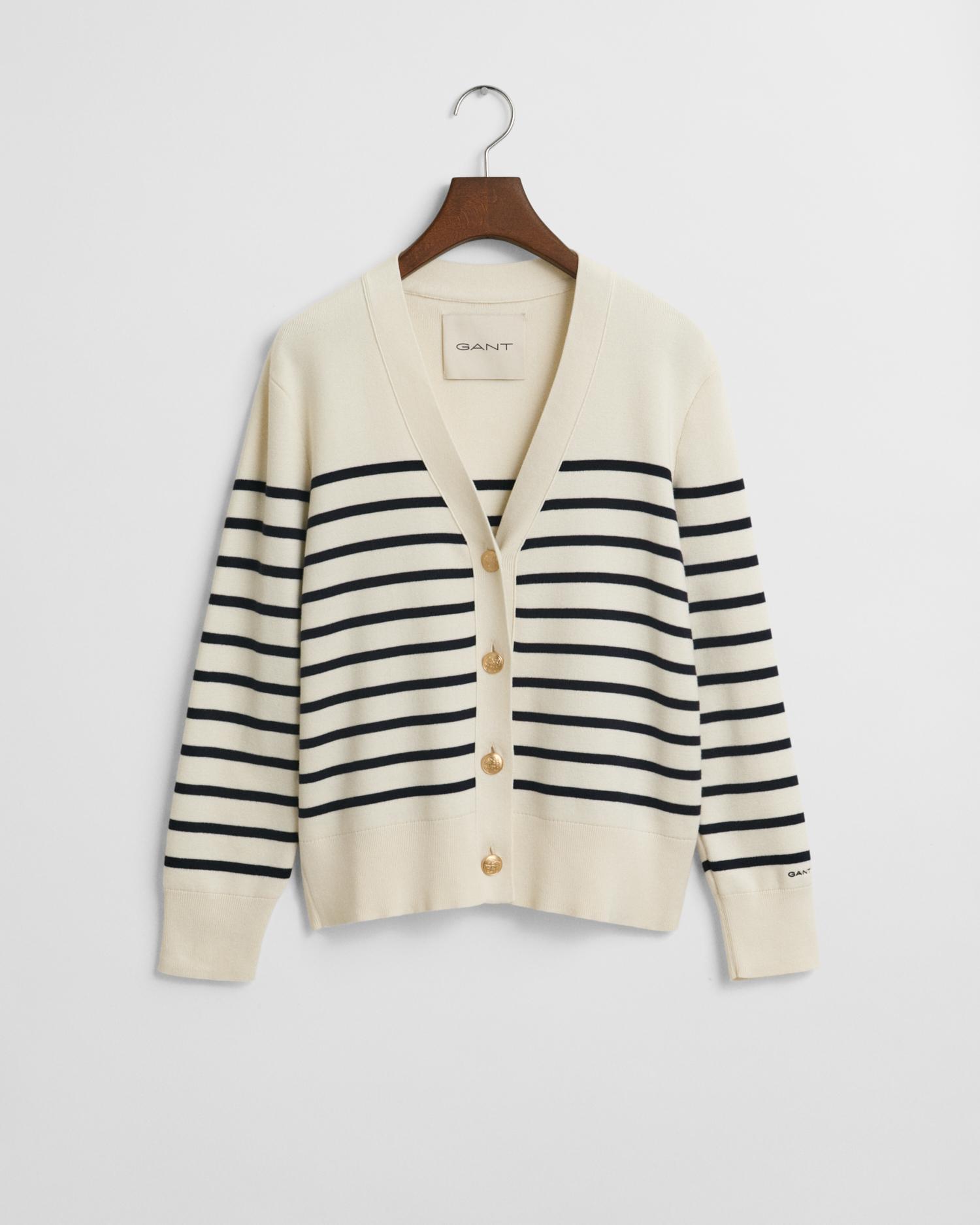 Baumwoll-Strickjacke mit Streifen S - Eggshell