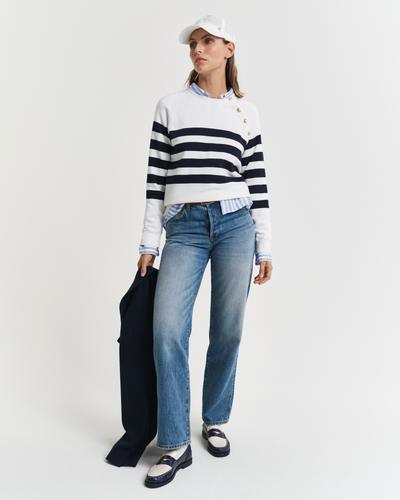 Gestreiftes Rundhals-Sweatshirt mit goldfarbenen Knöpfen S - Eggshell