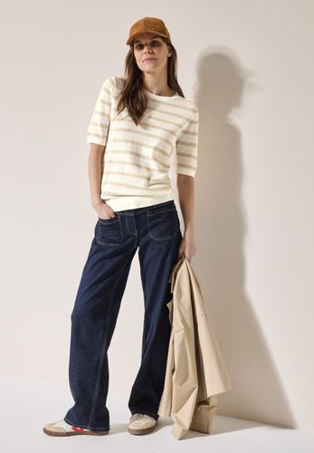 Gestreifter Strukturpullover L - Pearl Beige