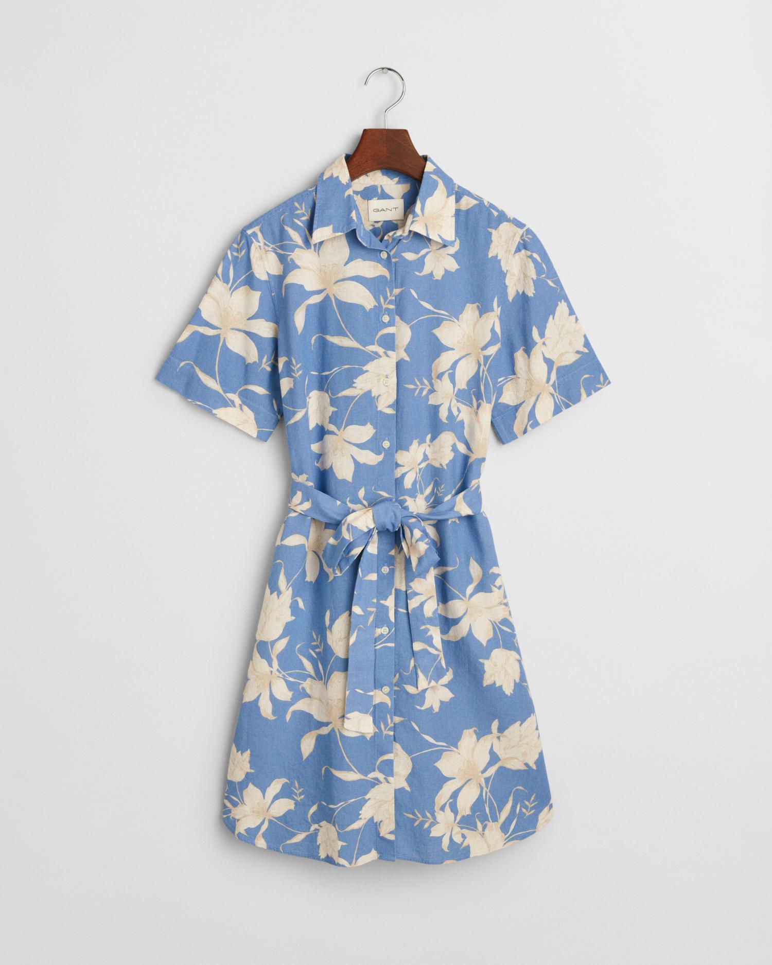 Hemdblusenkleid aus Leinen mit Blumen-Print 36 - Perfect Blue