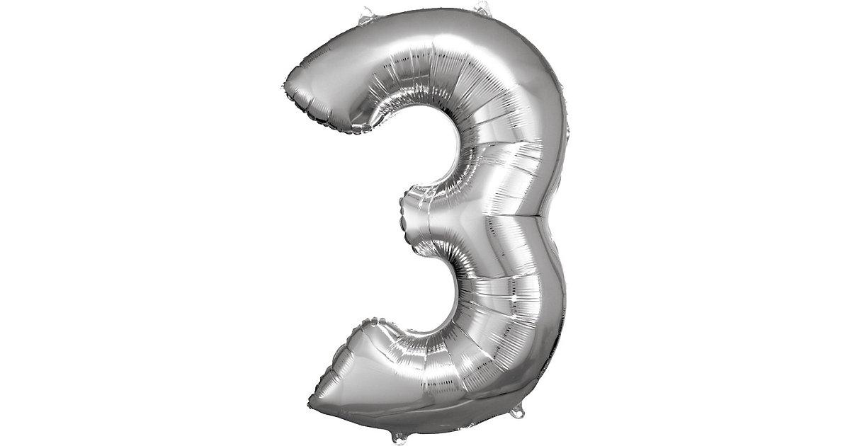 Super Shape Folienballon Silber, Zahlenballon 3 , 53 x 88 cm silber