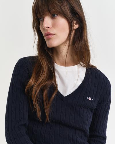 Zopfstrick V-Neck Pullover aus Stretch-Baumwolle M - Evening Blue