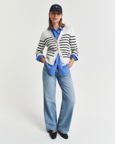 Baumwoll-Strickjacke mit Streifen S - Eggshell