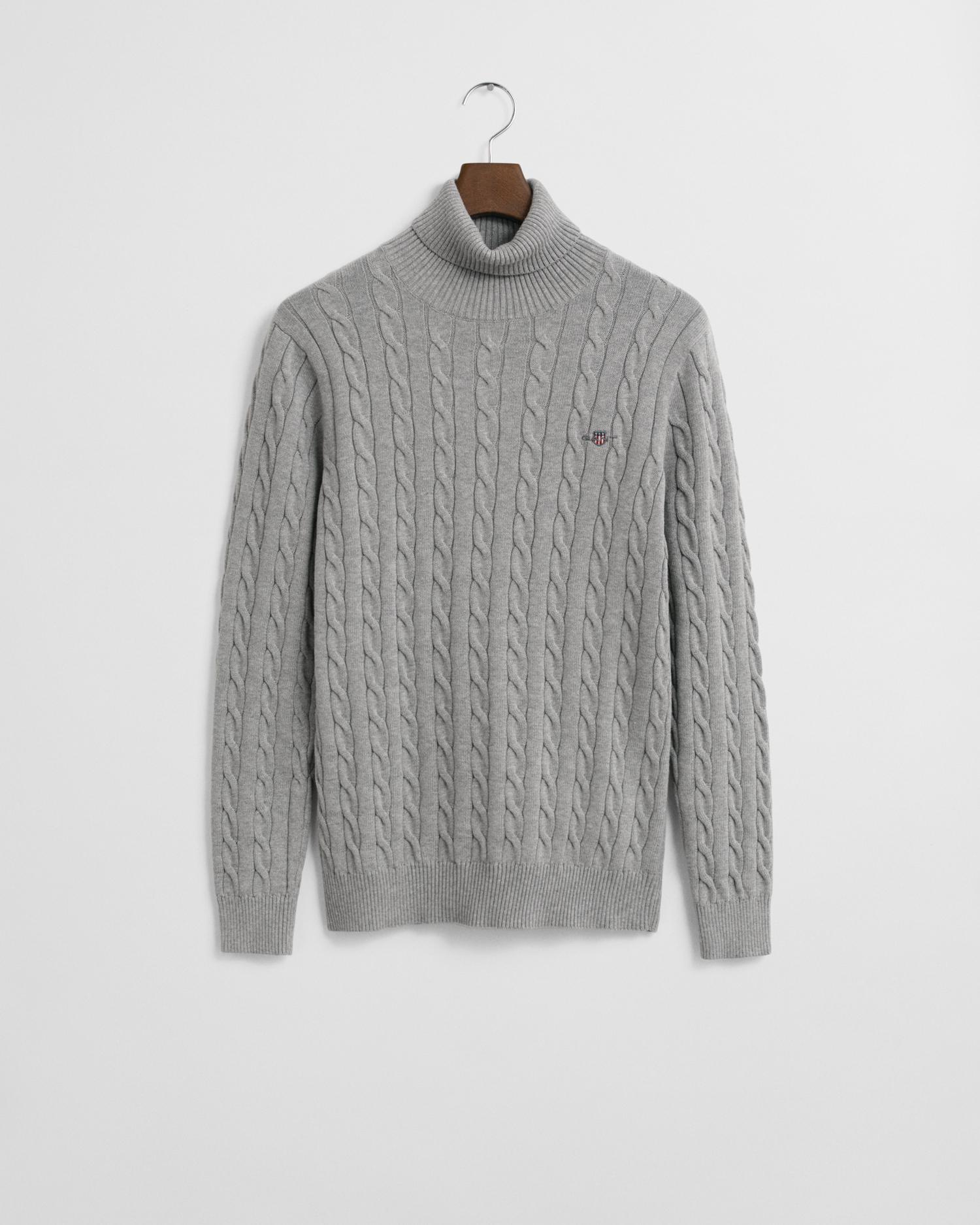 Zopfstrick Rollkragenpullover aus Baumwolle XXL - Grey Melange