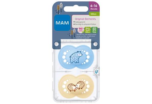 MAM Original Elements, Silikon, 16+ Monate, Bär/Igel, 2er Set beige/blau