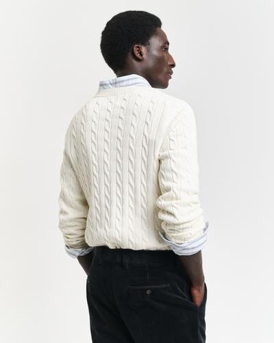 Zopfstrick Rundhalspullover aus Baumwolle XXXL - Cream
