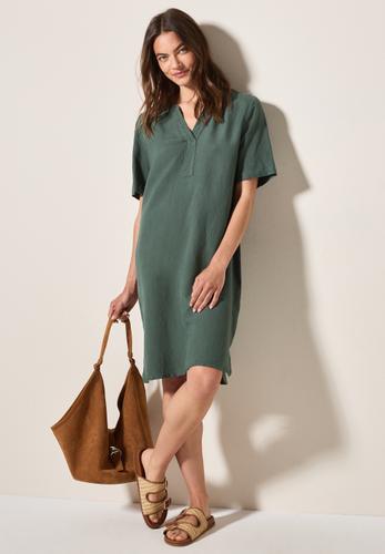 Split Neck Leinenmix Kleid L - Balmy Khaki