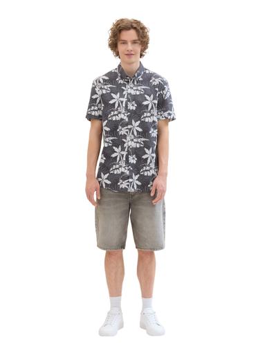 Kurzarmhemd mit Palmenprint L Regular Fit - Grey White Tropical Print