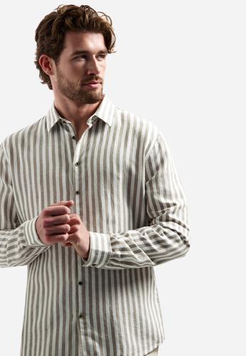 Shirt Vertical Big Stripe With Linen M Regular Fit - Taupe