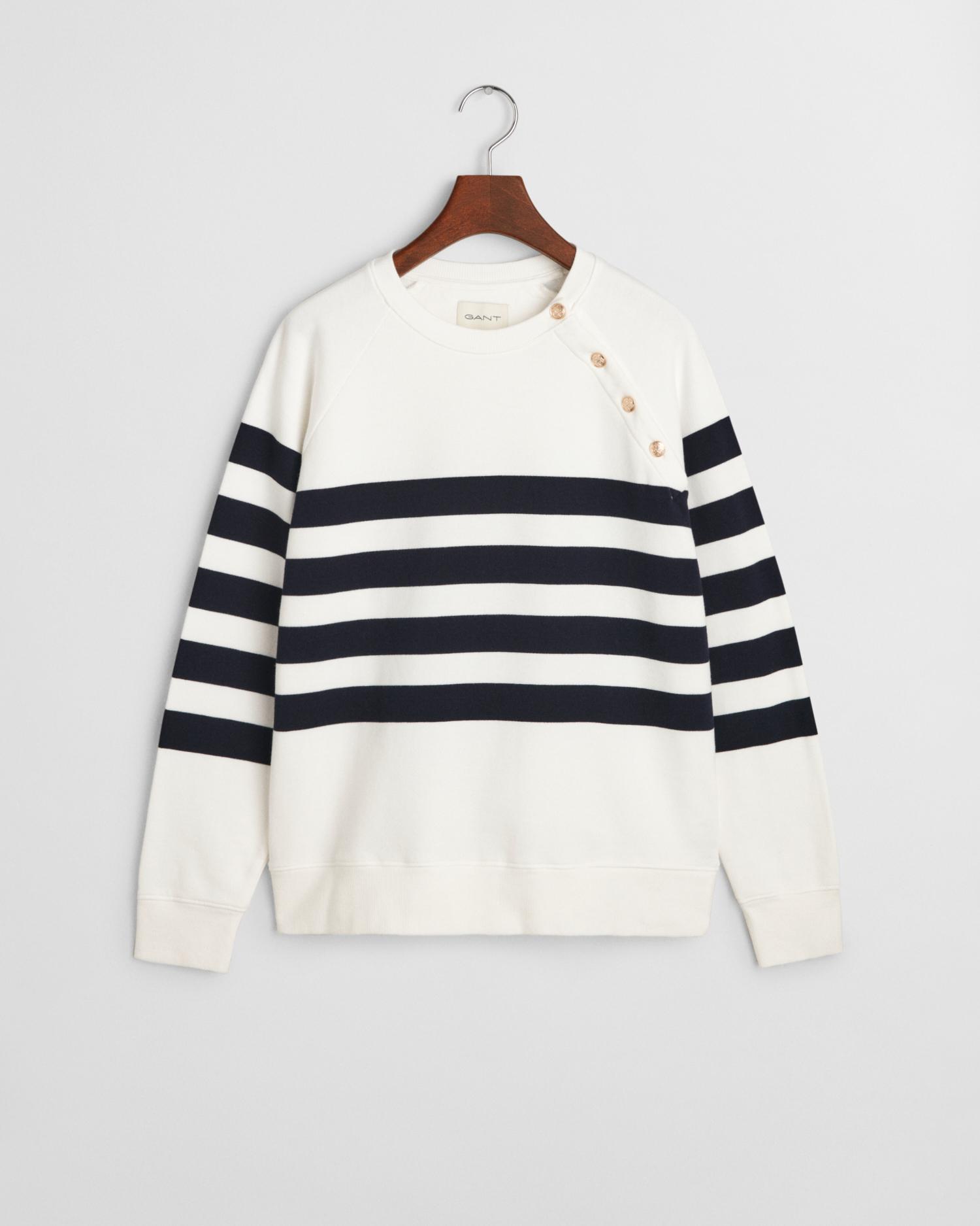 Gestreiftes Rundhals-Sweatshirt mit goldfarbenen Knöpfen S - Eggshell