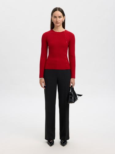 SLFHELEN LS KNIT BUTTON O-NECK TOP S Slim Fit - Equestrian Red