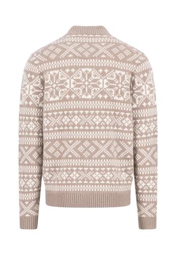Zip Stand-Up Cardigan, Big Jacquard L Casual Fit - Taupe