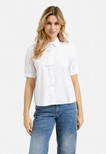 Blouse w collar, placket + bows at cf, 1/2 sleeve w elastic cuff Weiß 38