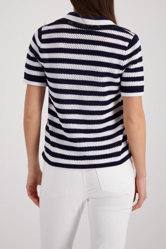 Ajour-Polo-Pullover mit Strasssteinen 42 - Marine Ringel