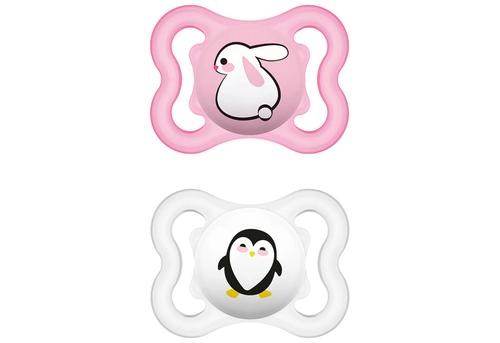 Schnuller Supreme Silikon - Hase/Pinguin, 0-6 Monate, 2er Set rosa/weiß