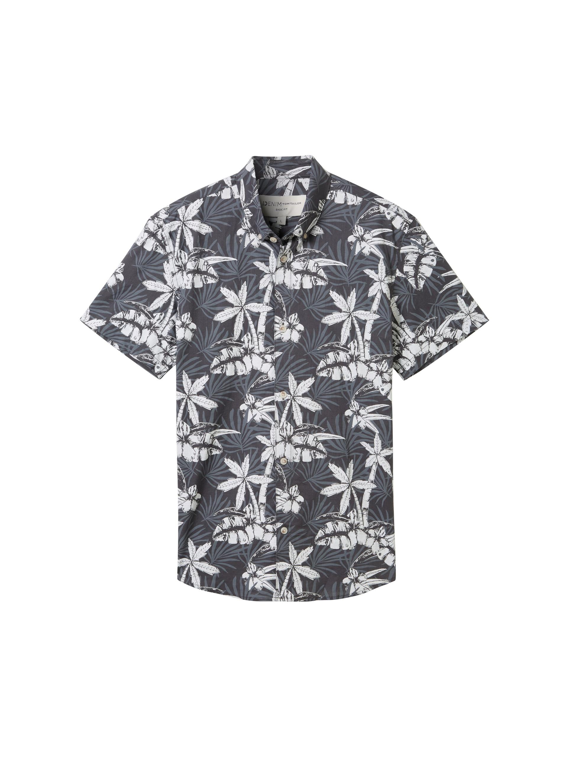 Kurzarmhemd mit Palmenprint L Regular Fit - Grey White Tropical Print