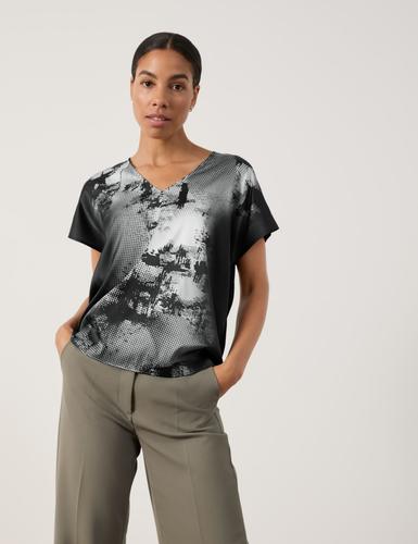 V-Shirt mit fließender Web-Front 38 Lässige Passform - Schwarz Gemustert