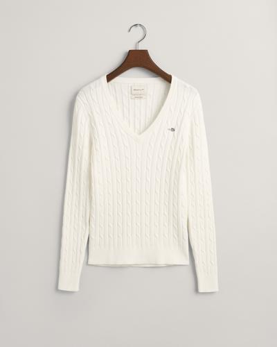 Zopfstrick V-Neck Pullover aus Stretch-Baumwolle S - Eggshell