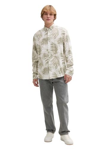 Relaxed Fit Hemd mit Leinenanteil XXL Relaxed Fit - White Green Watery Palm Print