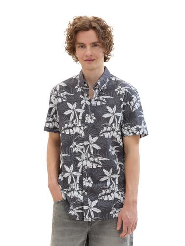 Kurzarmhemd mit Palmenprint L Regular Fit - Grey White Tropical Print