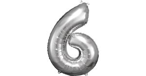 Super Shape Folienballon Silber, Zahlenballon 6, 55 x 88 cm silber
