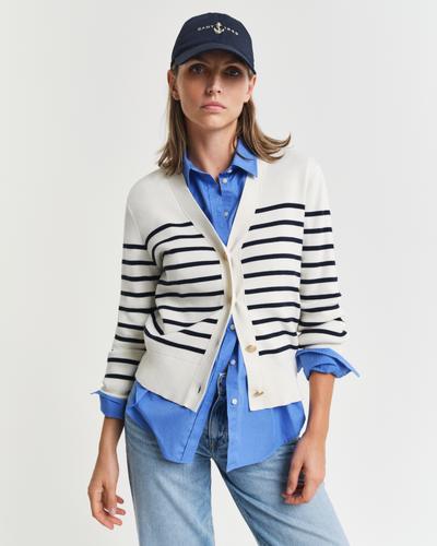 Baumwoll-Strickjacke mit Streifen S - Eggshell
