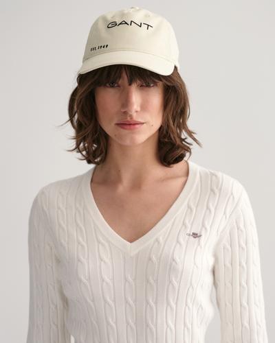 Zopfstrick V-Neck Pullover aus Stretch-Baumwolle S - Eggshell