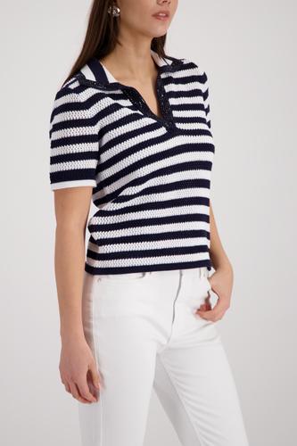 Ajour-Polo-Pullover mit Strasssteinen 42 - Marine Ringel