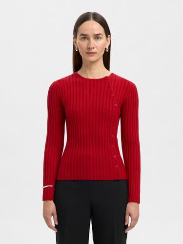 SLFHELEN LS KNIT BUTTON O-NECK TOP S Slim Fit - Equestrian Red
