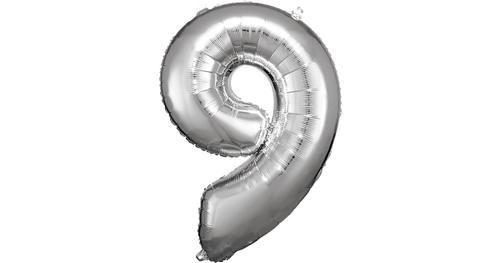 Super Shape Folienballon Silber, Zahlenballon 9, 63 x 86 cm silber