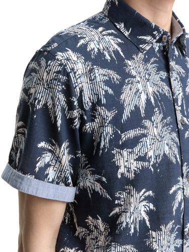 Regular Fit Kurzarmhemd mit Palmen-Print XXL Regular Fit - Navy Blue Stripe Palm Design