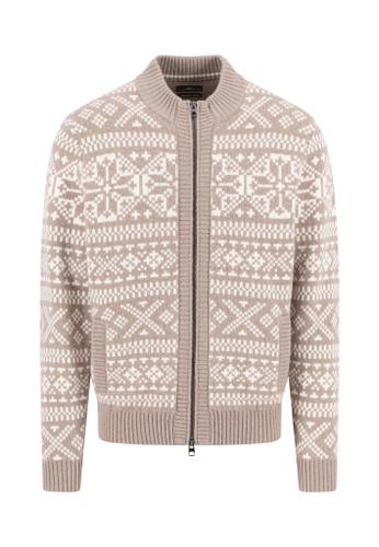 Zip Stand-Up Cardigan, Big Jacquard L Casual Fit - Taupe