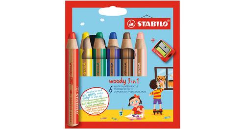 Buntstifte woody 3 in 1, 6 Farben, inkl. Spitzer