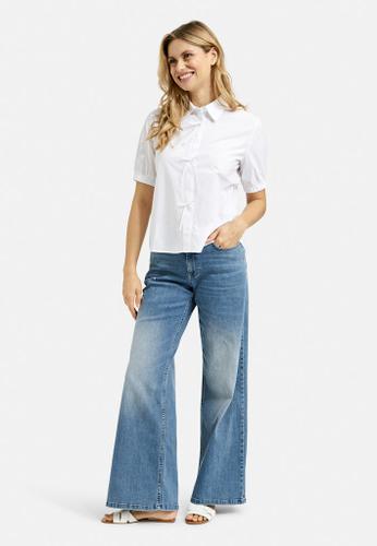 Blouse w collar, placket + bows at cf, 1/2 sleeve w elastic cuff Weiß 42
