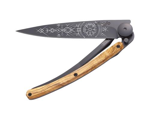 Deejo Messer 37G, Schwarz, Olivenholz - Wikinger Vegvisir
