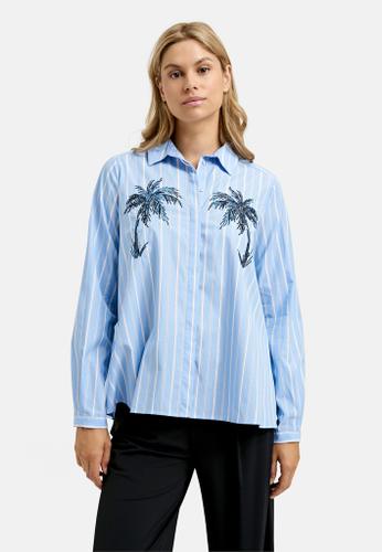Blouse w collar + placket, 1/1 sleeves w cuffs, body w Appli Blau 34