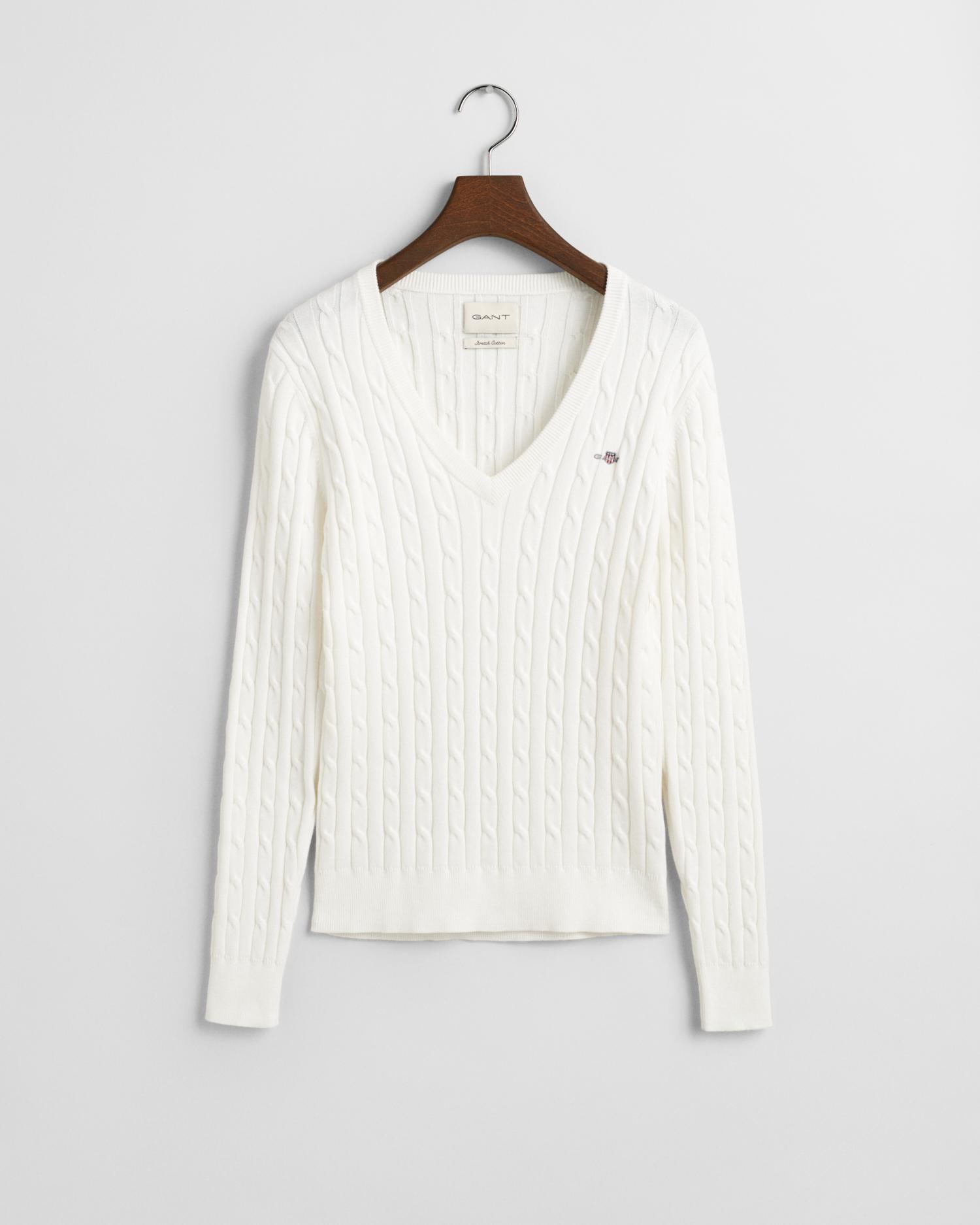 Zopfstrick V-Neck Pullover aus Stretch-Baumwolle S - Eggshell