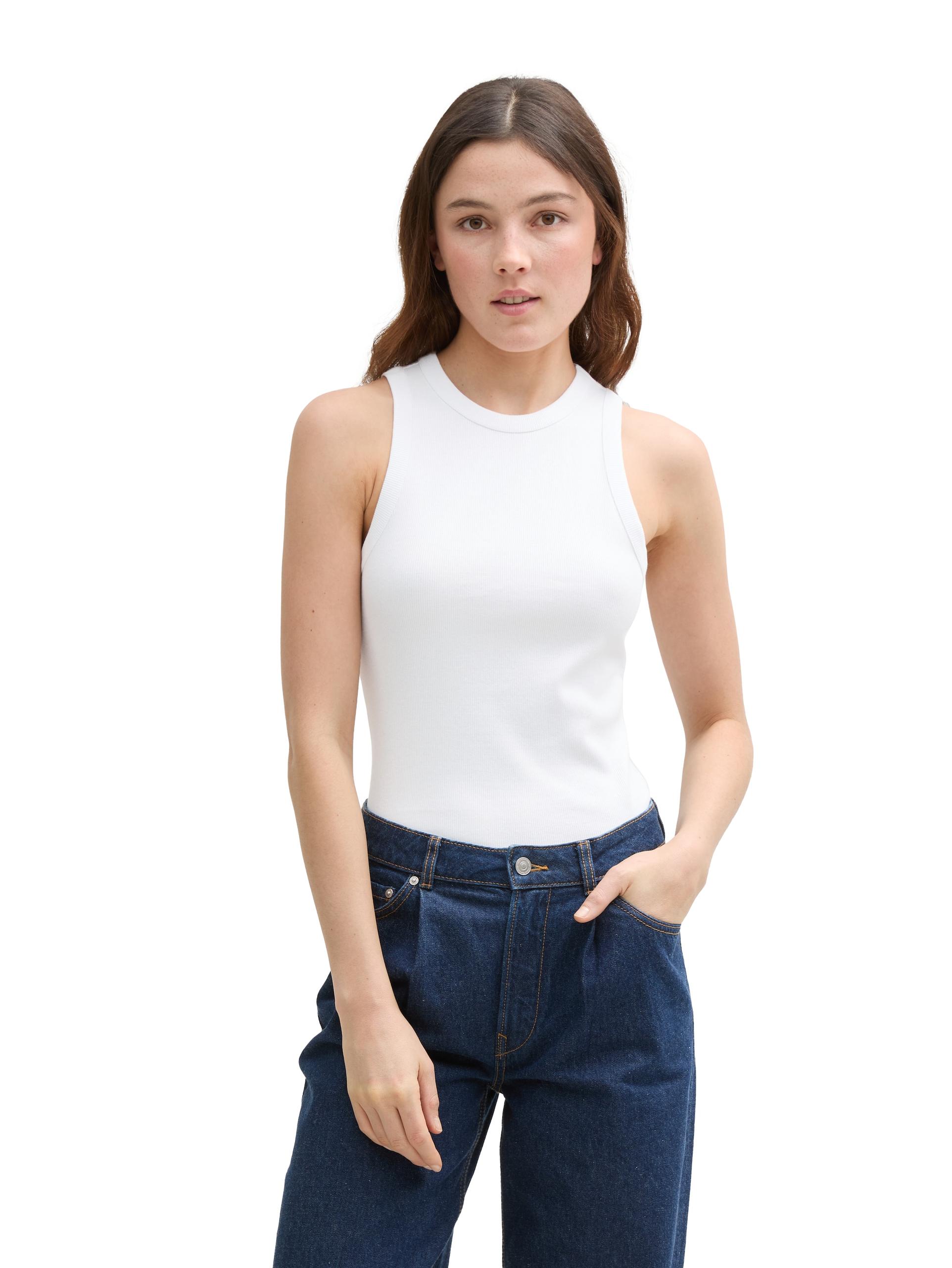 Coated Ripp Top mit Glitzer-Effekt XXL Slim Fit - White