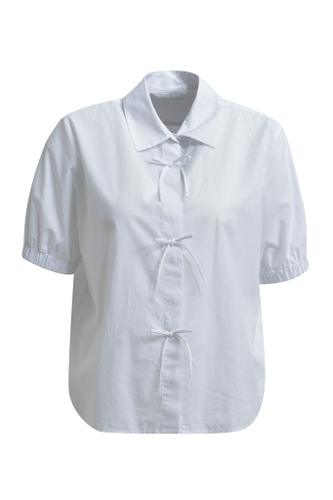 Blouse w collar, placket + bows at cf, 1/2 sleeve w elastic cuff Weiß 44