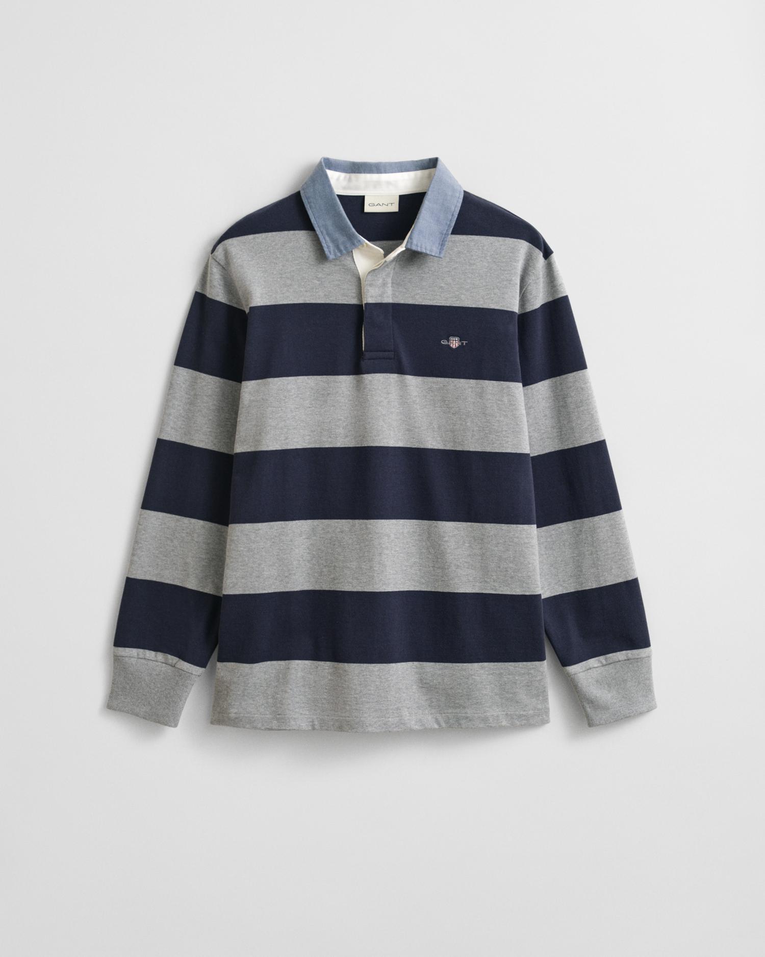 Gestreiftes Heavy Rugger mit Chambray-Kragen XXL - Grey Melange