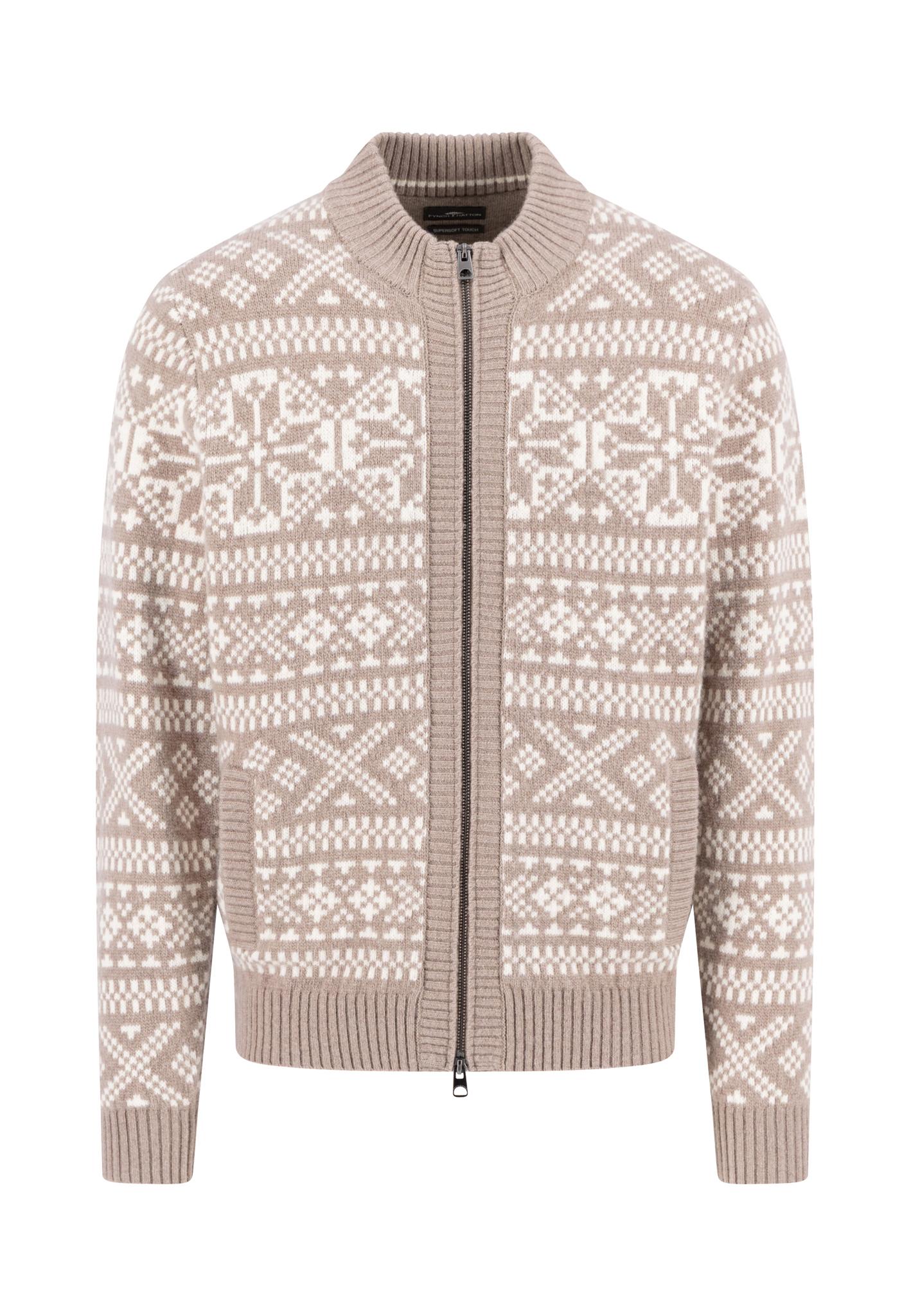 Zip Stand-Up Cardigan, Big Jacquard L Casual Fit - Taupe