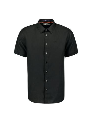 Shirt Short Sleeve Linen Solid Schwarz XXL