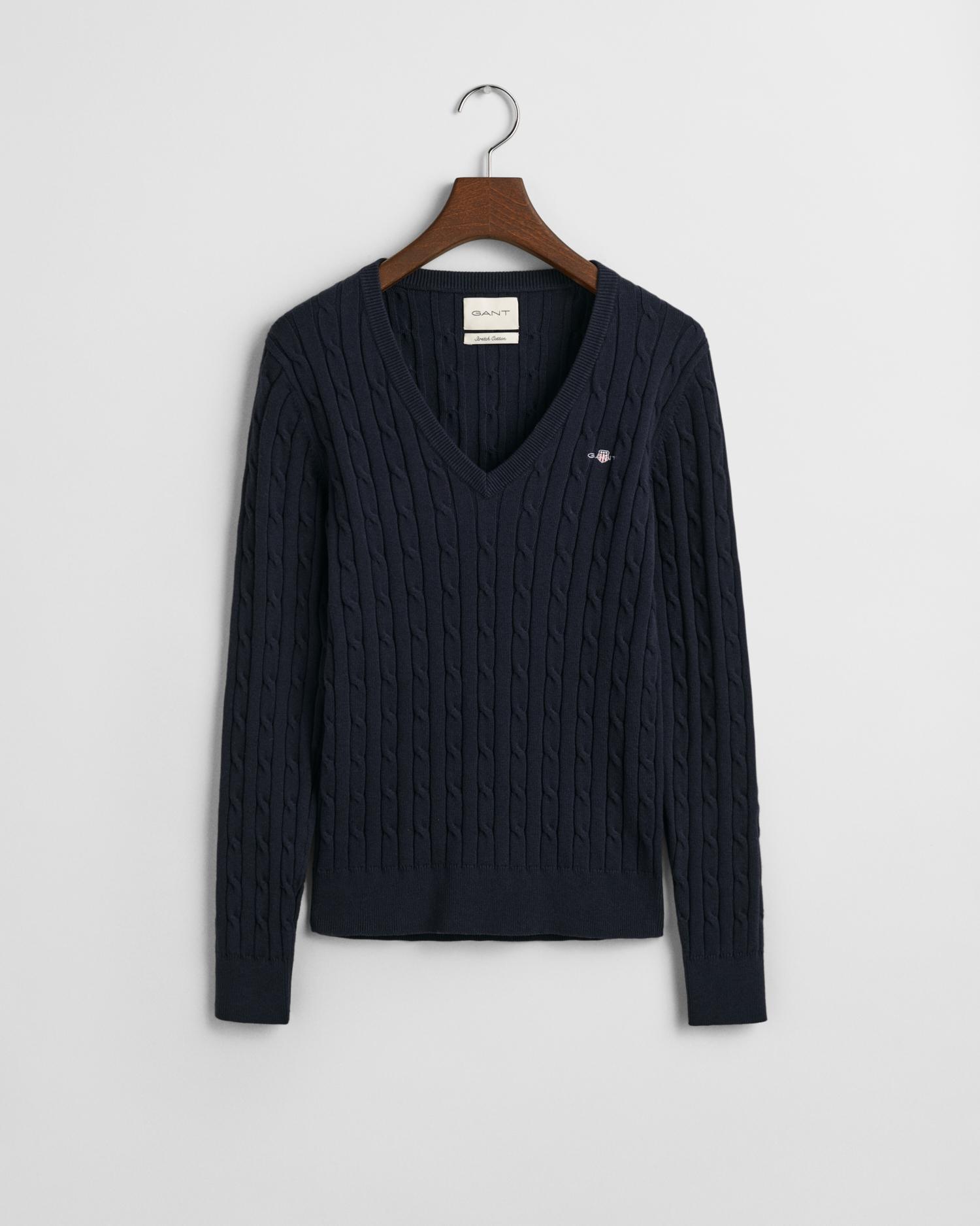 Zopfstrick V-Neck Pullover aus Stretch-Baumwolle M - Evening Blue