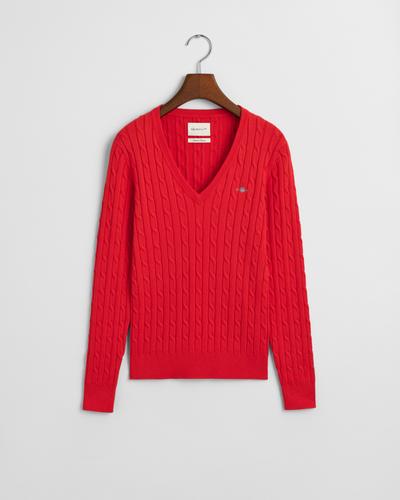 Zopfstrick V-Neck Pullover aus Stretch-Baumwolle S - Bright Red