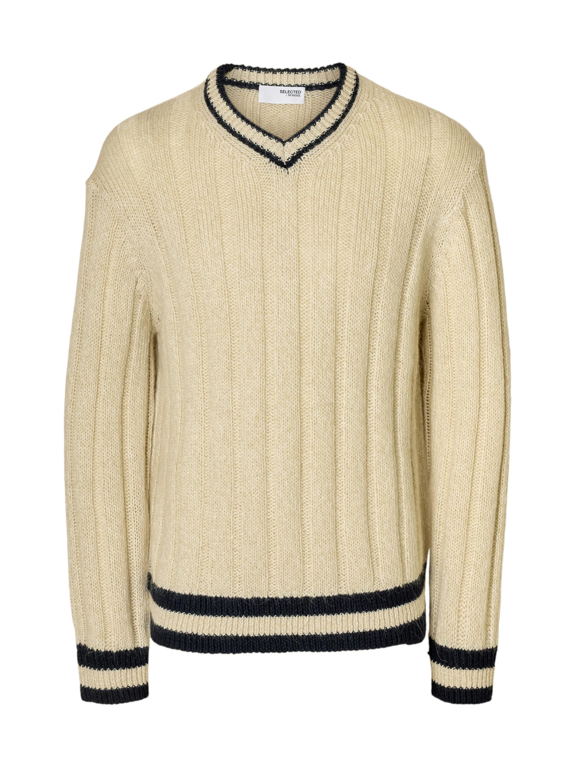SLHROY LS KNIT RELAXED RIB V-NECK L Locker geschnitten - Egret